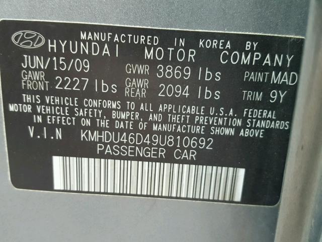 KMHDU46D49U810692 - 2009 HYUNDAI ELANTRA GL GRAY photo 10