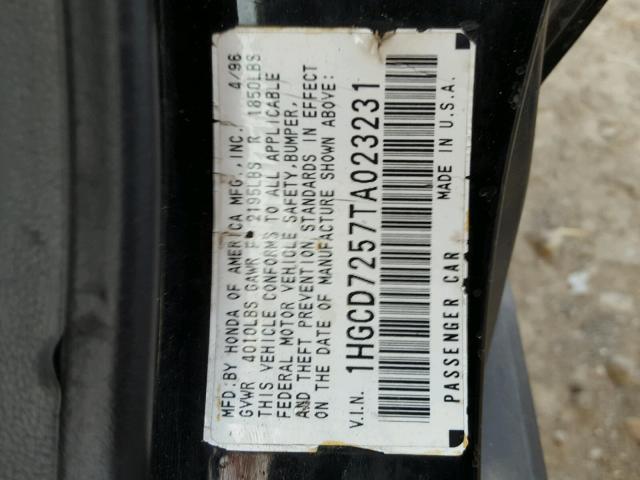1HGCD7257TA023231 - 1996 HONDA ACCORD EX BLACK photo 10