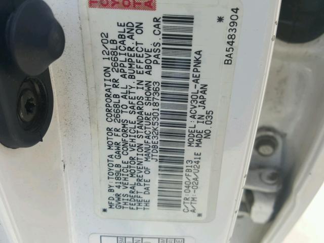 JTDBE32K530187363 - 2003 TOYOTA CAMRY LE თეთრი ფოტო 10