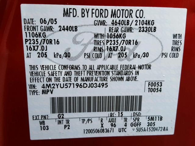 4M2YU57196DJ03495 - 2006 MERCURY MARINER RED photo 10