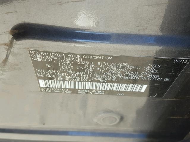 JTMWFREV0DD016019 - 2013 TOYOTA RAV4 XLE GRAY photo 10