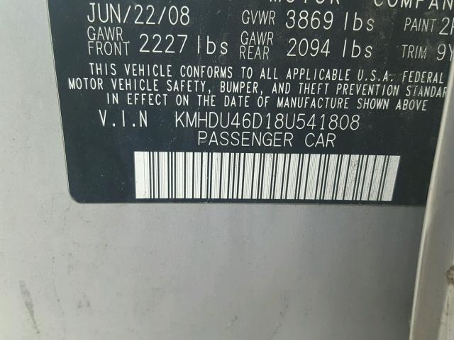 KMHDU46D18U541808 - 2008 HYUNDAI ELANTRA GL SILVER photo 10