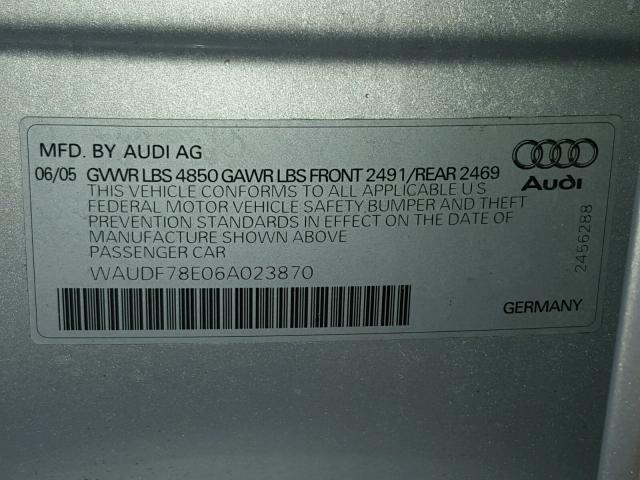 WAUDF78E06A023870 - 2006 AUDI A4 2.0T QU SILVER photo 10