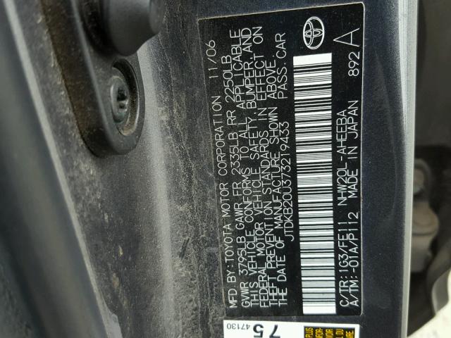 JTDKB20U373219433 - 2007 TOYOTA PRIUS GRAY photo 10