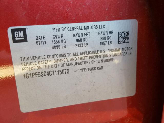 1G1PF5SC4C7115075 - 2012 CHEVROLET CRUZE LT RED photo 10