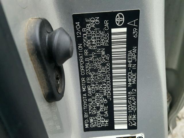 JTDKB20UX57006145 - 2005 TOYOTA PRIUS SILVER photo 10