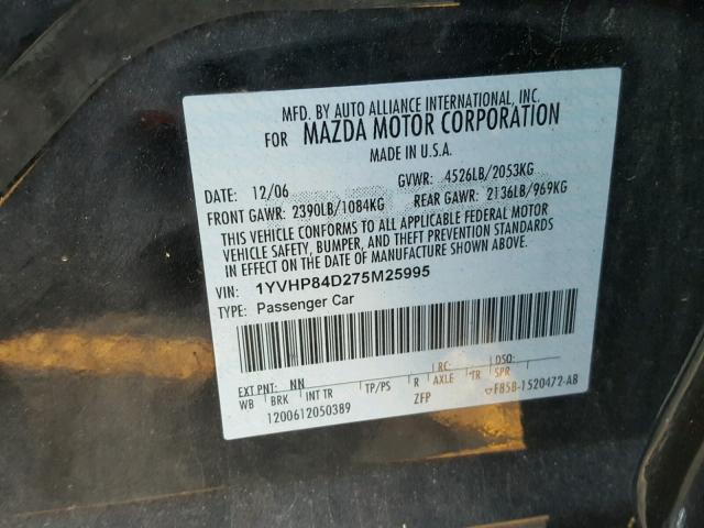 1YVHP84D275M25995 - 2007 MAZDA 6 S BLACK photo 10