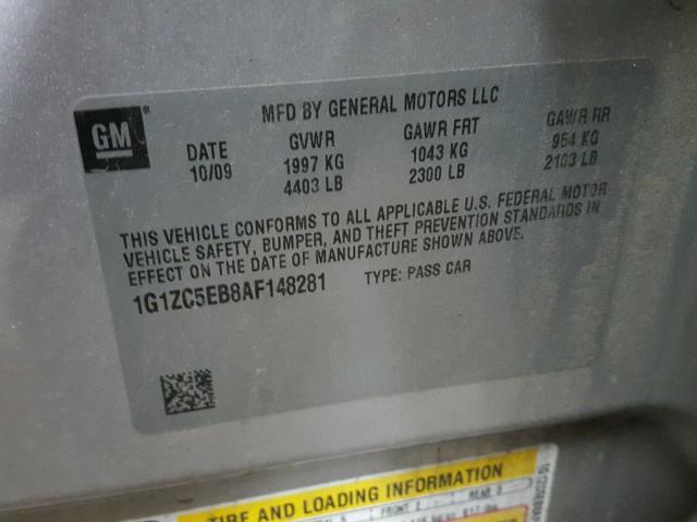 1G1ZC5EB8AF148281 - 2010 CHEVROLET MALIBU 1LT 银色 照片 10