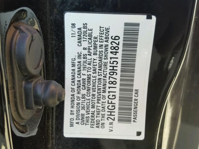 2HGFG11879H514826 - 2009 HONDA CIVIC EX BLACK photo 10