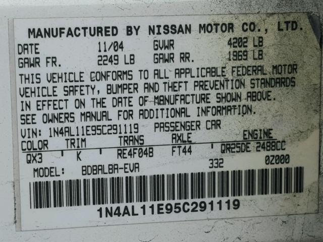 1N4AL11E95C291119 - 2005 NISSAN ALTIMA S WHITE photo 10