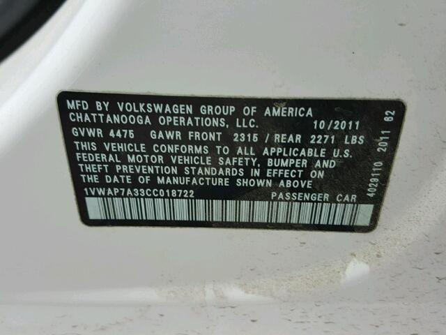 1VWAP7A33CC018722 - 2012 VOLKSWAGEN PASSAT S WHITE photo 10