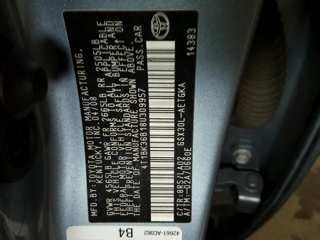 4T1BK36B18U309957 - 2008 TOYOTA AVALON XL BLUE photo 10