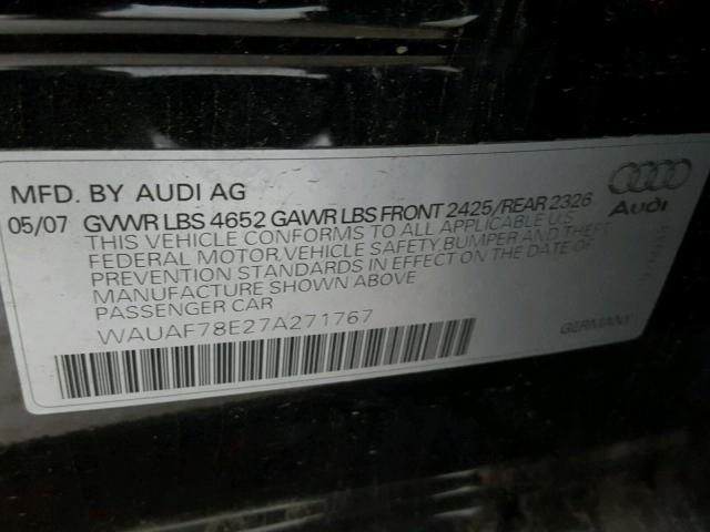 WAUAF78E27A271767 - 2007 AUDI A4 2 BLACK photo 10