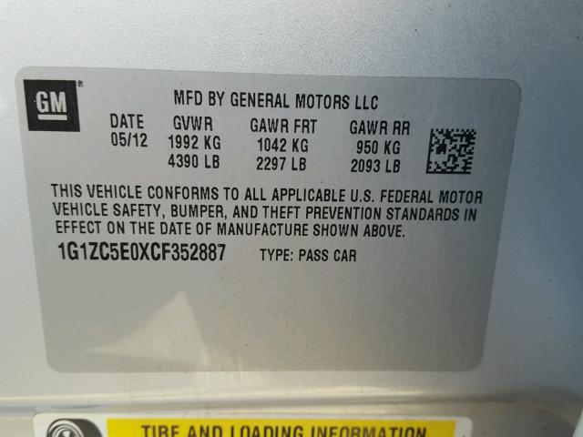 1G1ZC5E0XCF352887 - 2012 CHEVROLET MALIBU 1LT SILVER photo 10