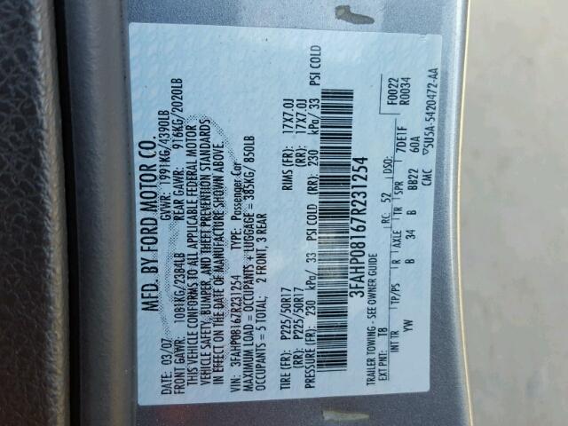 3FAHP08167R231254 - 2007 FORD FUSION SEL GRAY photo 10