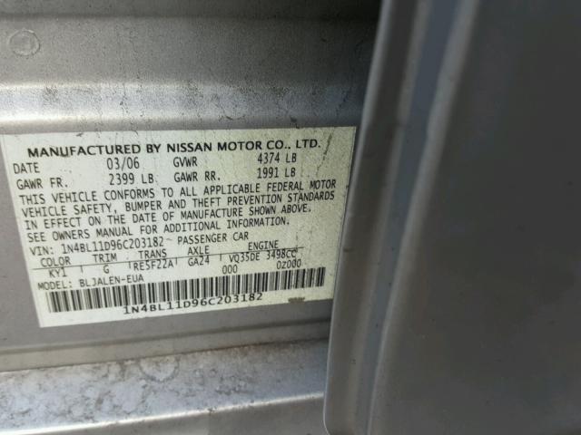 1N4BL11D96C203182 - 2006 NISSAN ALTIMA SE SILVER photo 10