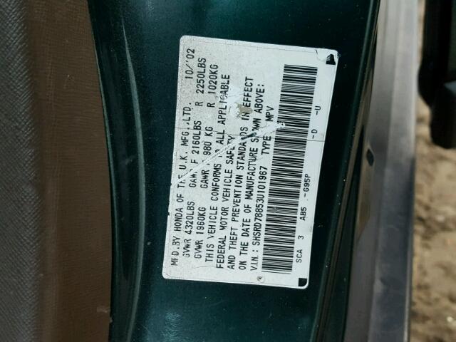 SHSRD78853U101967 - 2003 HONDA CR-V EX GREEN photo 10