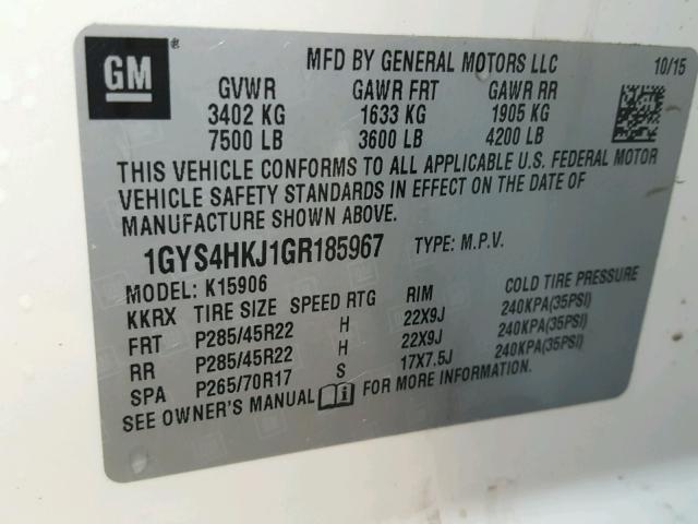 1GYS4HKJ1GR185967 - 2016 CADILLAC ESCALADE E WHITE photo 10