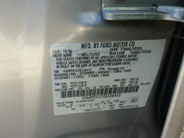 1FAHP25177G136452 - 2007 FORD FIVE HUNDR SILVER photo 10