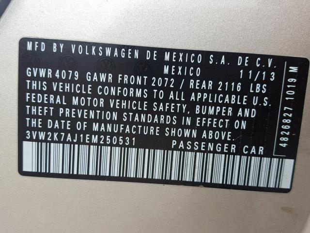3VW2K7AJ1EM250531 - 2014 VOLKSWAGEN JETTA BASE ოქროსფერი ფოტო 10