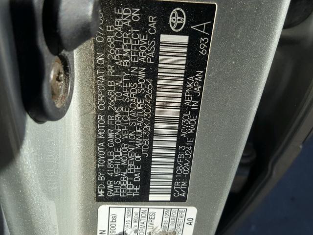 JTDBE32K730242654 - 2003 TOYOTA CAMRY LE ვერცხლისფერი ფოტო 10
