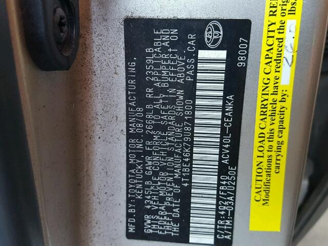 4T1BE46K79U871800 - 2009 TOYOTA CAMRY BASE GOLD photo 10