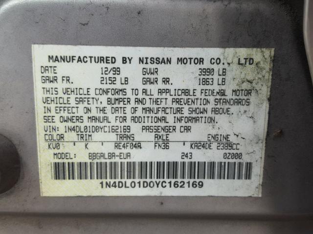 1N4DL01D0YC162169 - 2000 NISSAN ALTIMA XE BEIGE photo 10