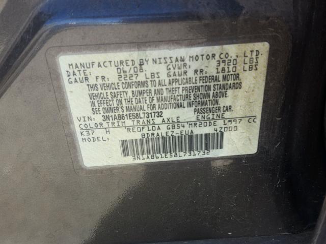 3N1AB61E58L731732 - 2008 NISSAN SENTRA 2.0 BROWN photo 10