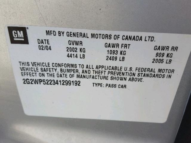 2G2WP522341299192 - 2004 PONTIAC GRAND PRIX SILVER photo 10