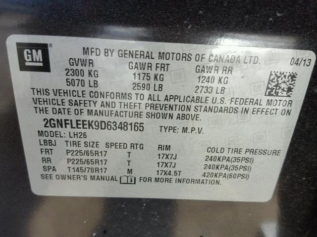 2GNFLEEK9D6348165 - 2013 CHEVROLET EQUINOX LT GRAY photo 10