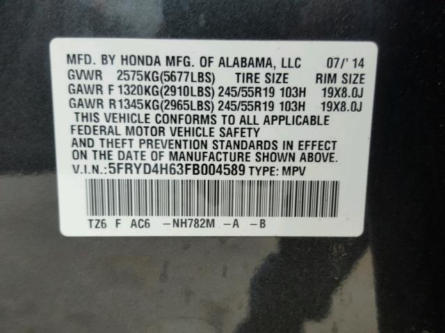 5FRYD4H63FB004589 - 2015 ACURA MDX TECHNO GRAY photo 10