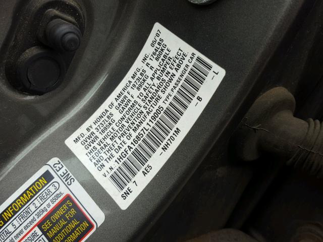 1HGFA16857L119005 - 2007 HONDA CIVIC EX GRAY photo 10