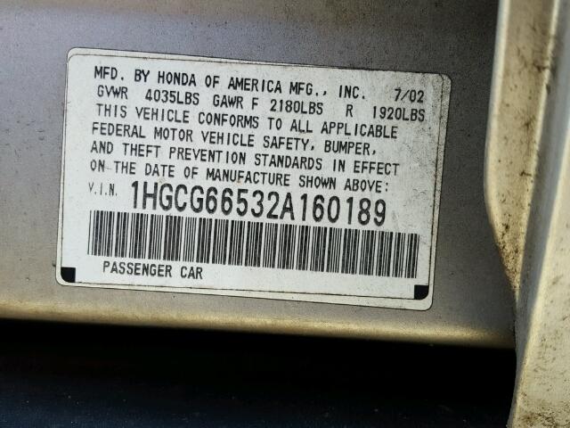 1HGCG66532A160189 - 2002 HONDA ACCORD LX SILVER photo 10