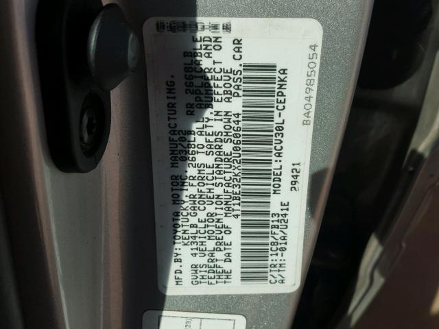 4T1BE32KX2U060644 - 2002 TOYOTA CAMRY LE SILVER photo 10