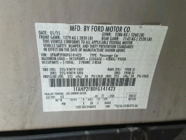 1FAHP2F80FG141423 - 2015 FORD TAURUS LIM SILVER photo 10