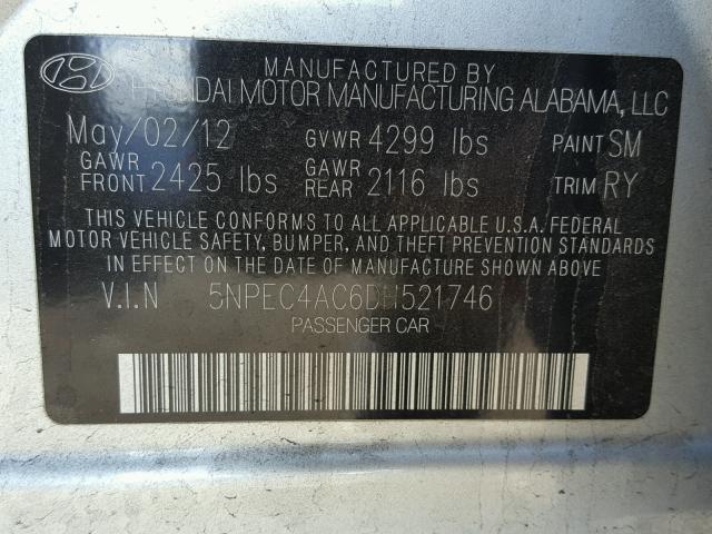 5NPEC4AC6DH521746 - 2013 HYUNDAI SONATA SE SILVER photo 10