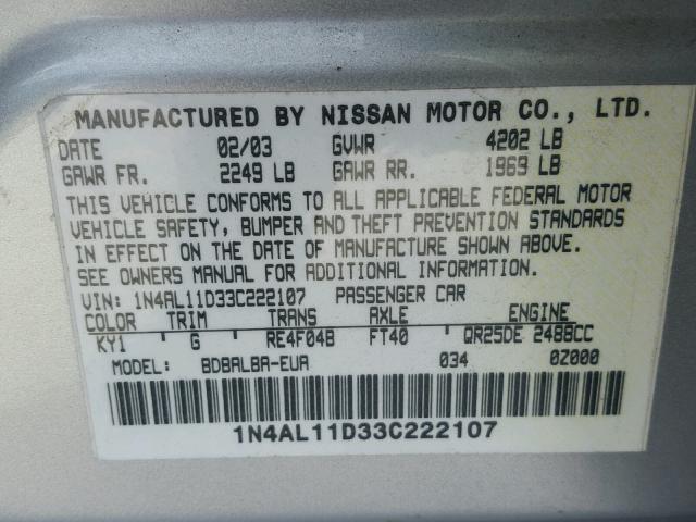 1N4AL11D33C222107 - 2003 NISSAN ALTIMA BAS SILVER photo 10