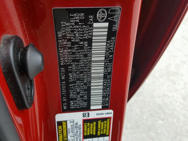 2T1BU4EE2DC989021 - 2013 TOYOTA COROLLA BA RED photo 10