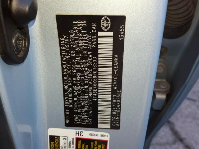 4T4BE46K68R016333 - 2008 TOYOTA CAMRY CE BLUE photo 10