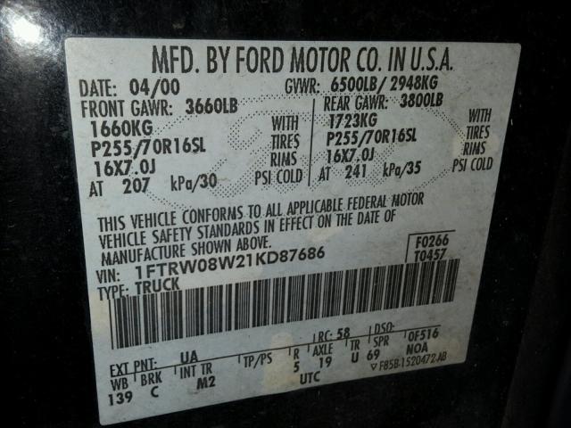 1FTRW08W21KD87686 - 2001 FORD F150 SUPER BLACK photo 10