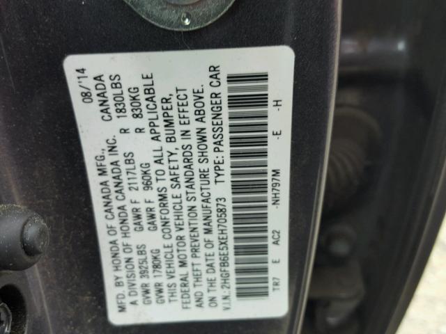 2HGFB6E5XEH705873 - 2014 HONDA CIVIC SI CHARCOAL photo 10