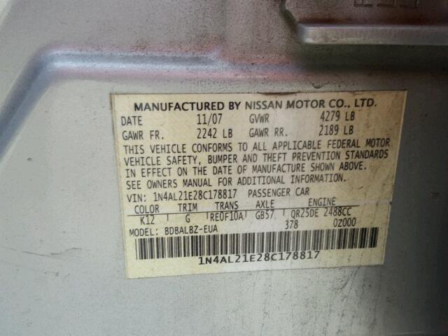 1N4AL21E28C178817 - 2008 NISSAN ALTIMA 2.5 SILVER photo 10