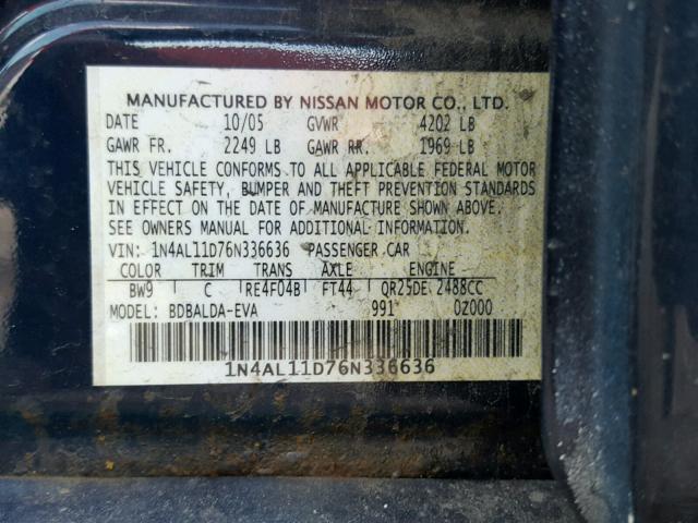 1N4AL11D76N336636 - 2006 NISSAN ALTIMA S BLUE photo 10