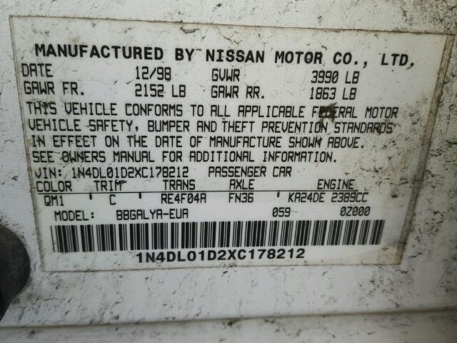 1N4DL01D2XC178212 - 1999 NISSAN ALTIMA XE WHITE photo 10