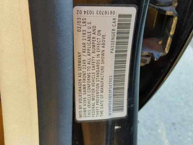 WVWPD63B93P347003 - 2003 VOLKSWAGEN PASSAT GLS BLACK photo 10