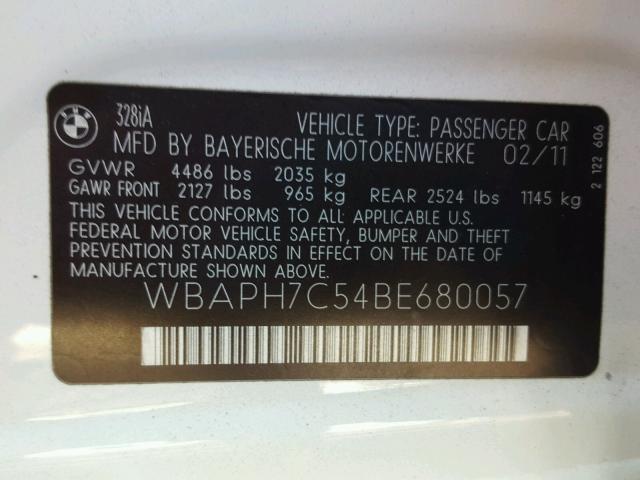 WBAPH7C54BE680057 - 2011 BMW 328 I WHITE photo 10