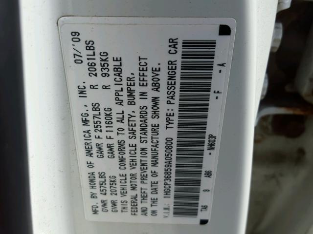 1HGCP36859A050800 - 2009 HONDA ACCORD EXL WHITE photo 10