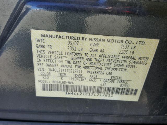 1N4CL21E17C217811 - 2007 NISSAN ALTIMA HYB GRAY photo 10