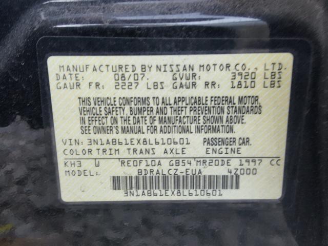 3N1AB61EX8L610601 - 2008 NISSAN SENTRA 2.0 BLACK photo 10