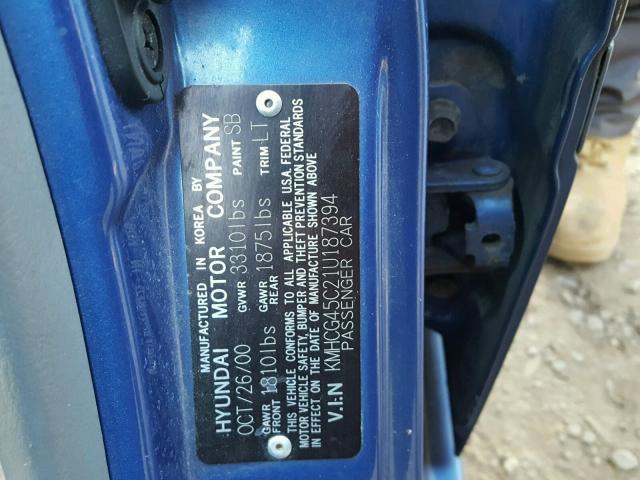 KMHCG45C21U187394 - 2001 HYUNDAI ACCENT GL BLUE photo 10